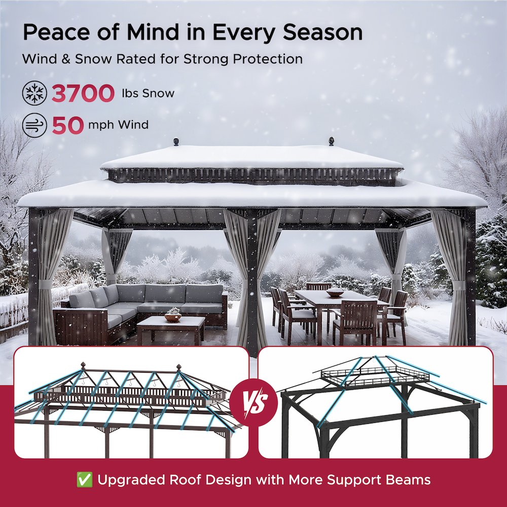 20 ft x 12 ft Aluminum Frame Steel Double Roof Hardtop Rectangular Gazebo, Brown