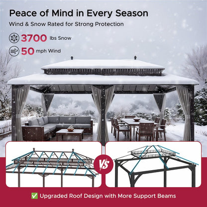 20 ft x 12 ft Aluminum Frame Steel Double Roof Hardtop Rectangular Gazebo, Brown