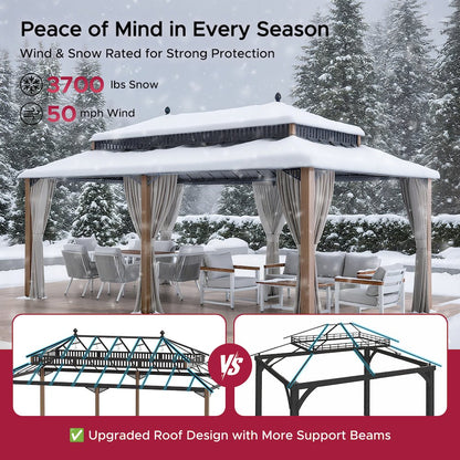 20 ft x 12 ft Hardtop Gazebo with Steel Roof, Woodgrain Aluminum Frame