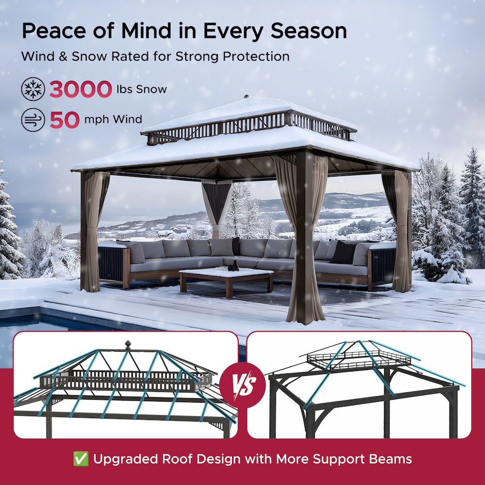 16 ft x 12 ft Hardtop Gazebo, Steel & Polycarbonate Roof, Brown Aluminum Posts