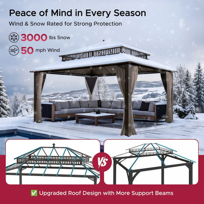 16 ft x 12 ft Hardtop Gazebo, Steel & Polycarbonate Roof, Brown Aluminum Posts