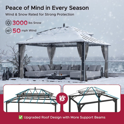 16 ft x 12 ft Aluminum Frame Steel Double Roof Hardtop Rectangular Gazebo, Grey