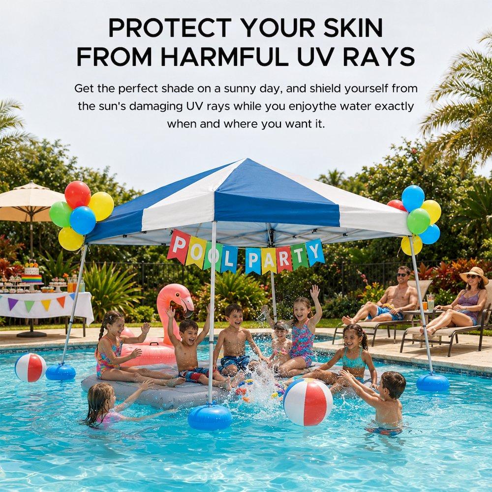 Grey and Navy Floating Pool Canopy Pop Up Gazebo & PVC Floats and Air Pump