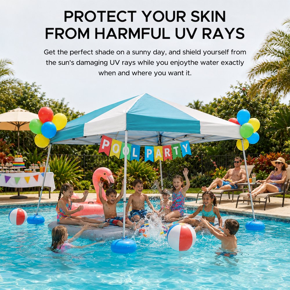 Grey and Light Blue Floating Pool Canopy Pop Up Gazebo & PVC Floats and Air Pump
