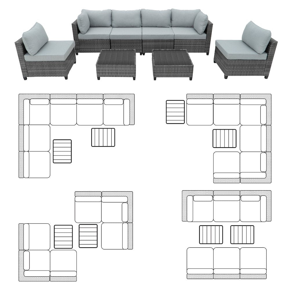 8 Piece Gray Outdoor Sectional Wicker Sofa Chairs and Tables