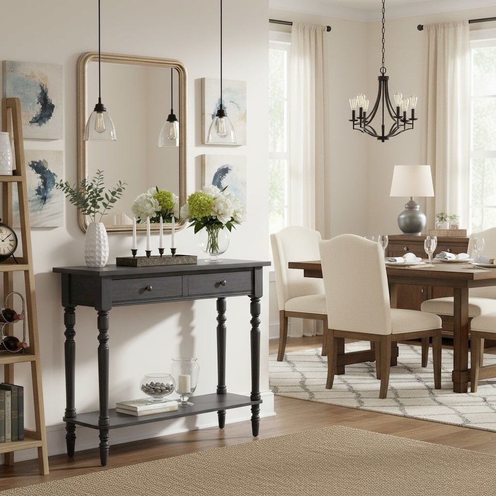 Gray Narrow Console Table – Entryway Table with 2 Drawers and Storage Shelf