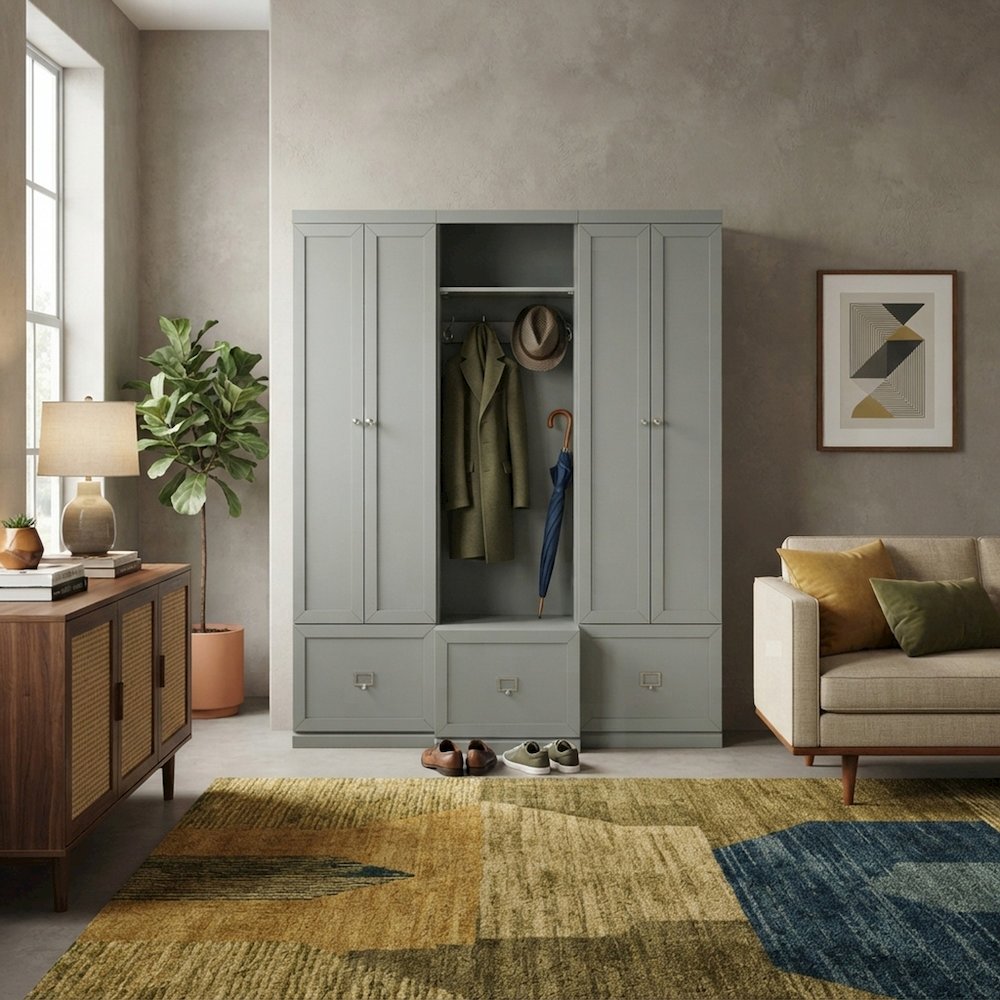 FurniFact Hall Tree with Storage Bench and Pantry Closets, Gray, Set of 3