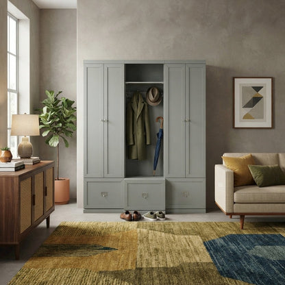 FurniFact Hall Tree with Storage Bench and Pantry Closets, Gray, Set of 3