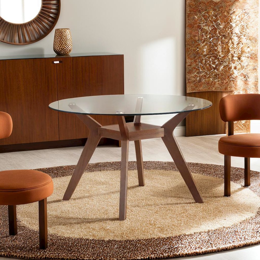 Sophisticated Round Dining Table with Clear Glass Top and Nutmeg Wood Base