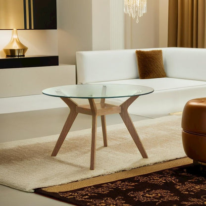 Sophisticated Round Dining Table with Clear Glass Top and Nutmeg Wood Base