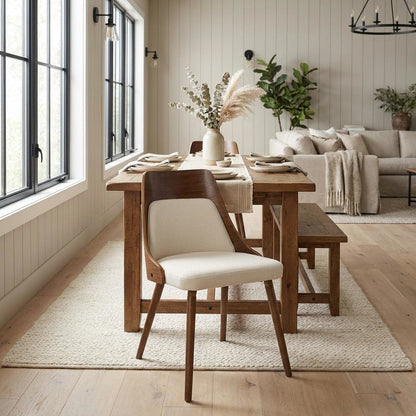 Walnut and Cream Fabric Dining Chair with Mid-Century Modern Style