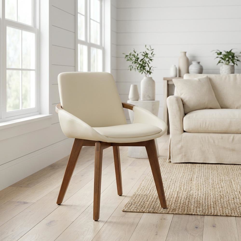Mid-Century Dining Chair with Walnut Finish and Cream Faux Leather Upholstery