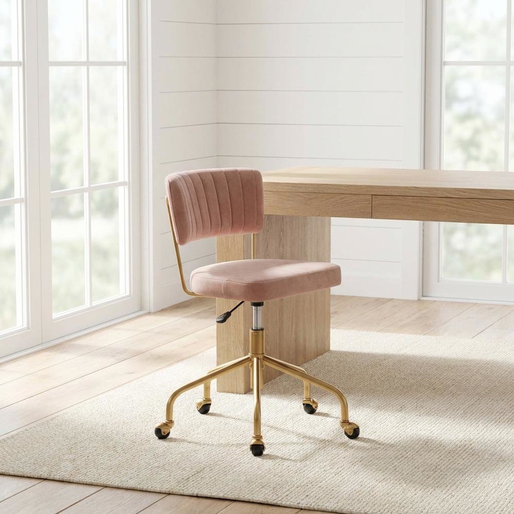 Pink velvet task chair with gold painted steel frame and cushioned seat