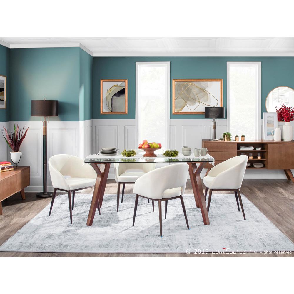 Folia Mid-Century Modern Dining Table in Walnut Wood with Clear Tempered Glass