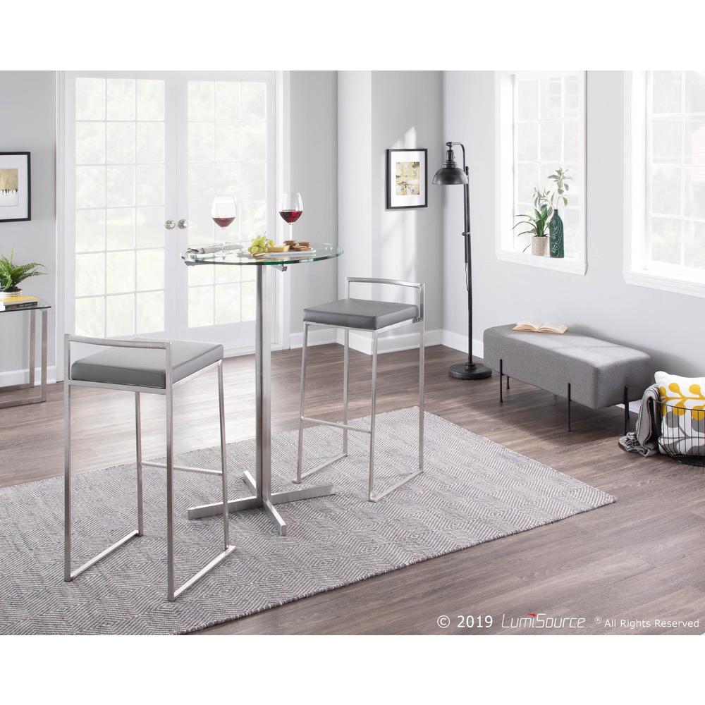 Brushed Stainless Steel, Grey PU Fuji Stacker Barstool - Set of 2