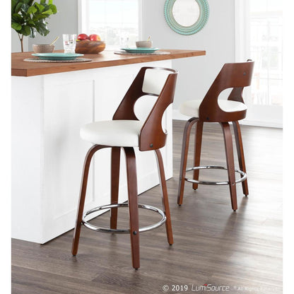 Cherry Wood, White PU, Chrome Cecina 24.5'' Counter Stool - Set of 2