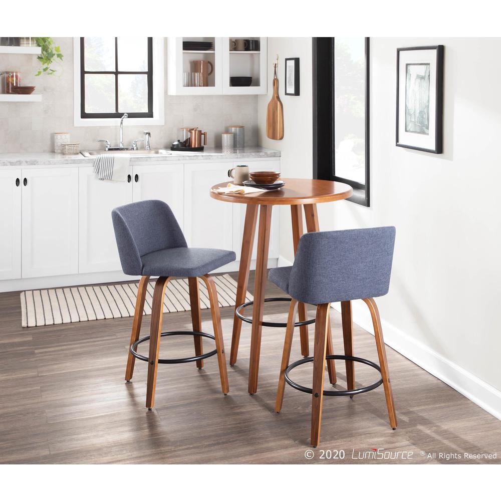 Walnut Wood, Blue Fabric, Chrome Toriano Counter Stool - Set of 2