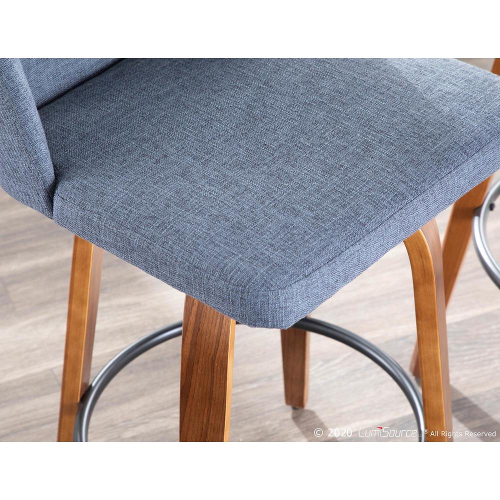 Walnut Wood, Blue Fabric, Chrome Toriano Counter Stool - Set of 2