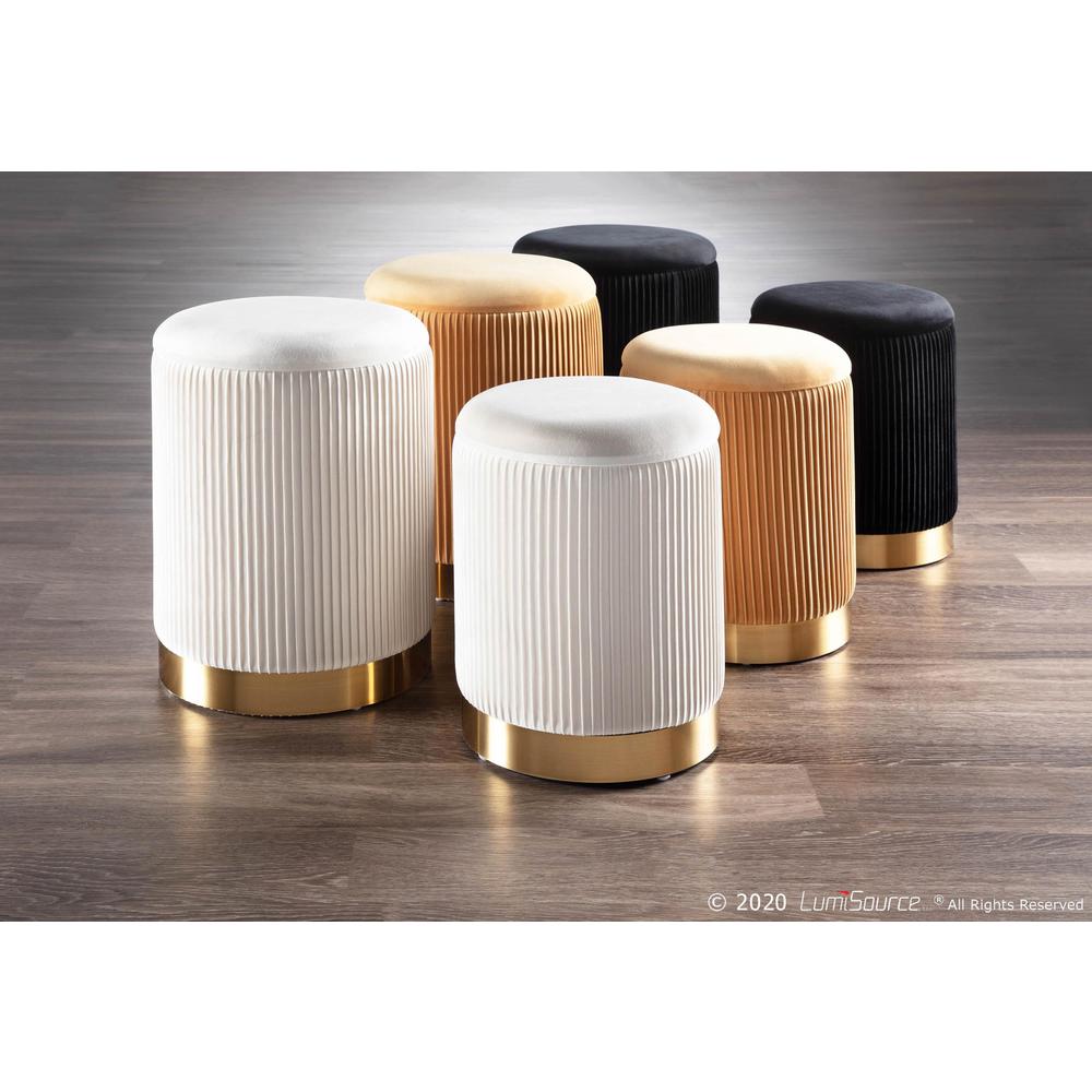 Gold Metal, Cream Velvet Marla Nesting Pleated Ottoman Set