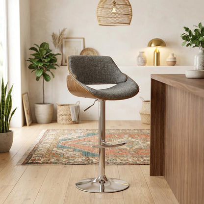 Walnut and Grey Adjustable Barstool with Swivel and Modern Design