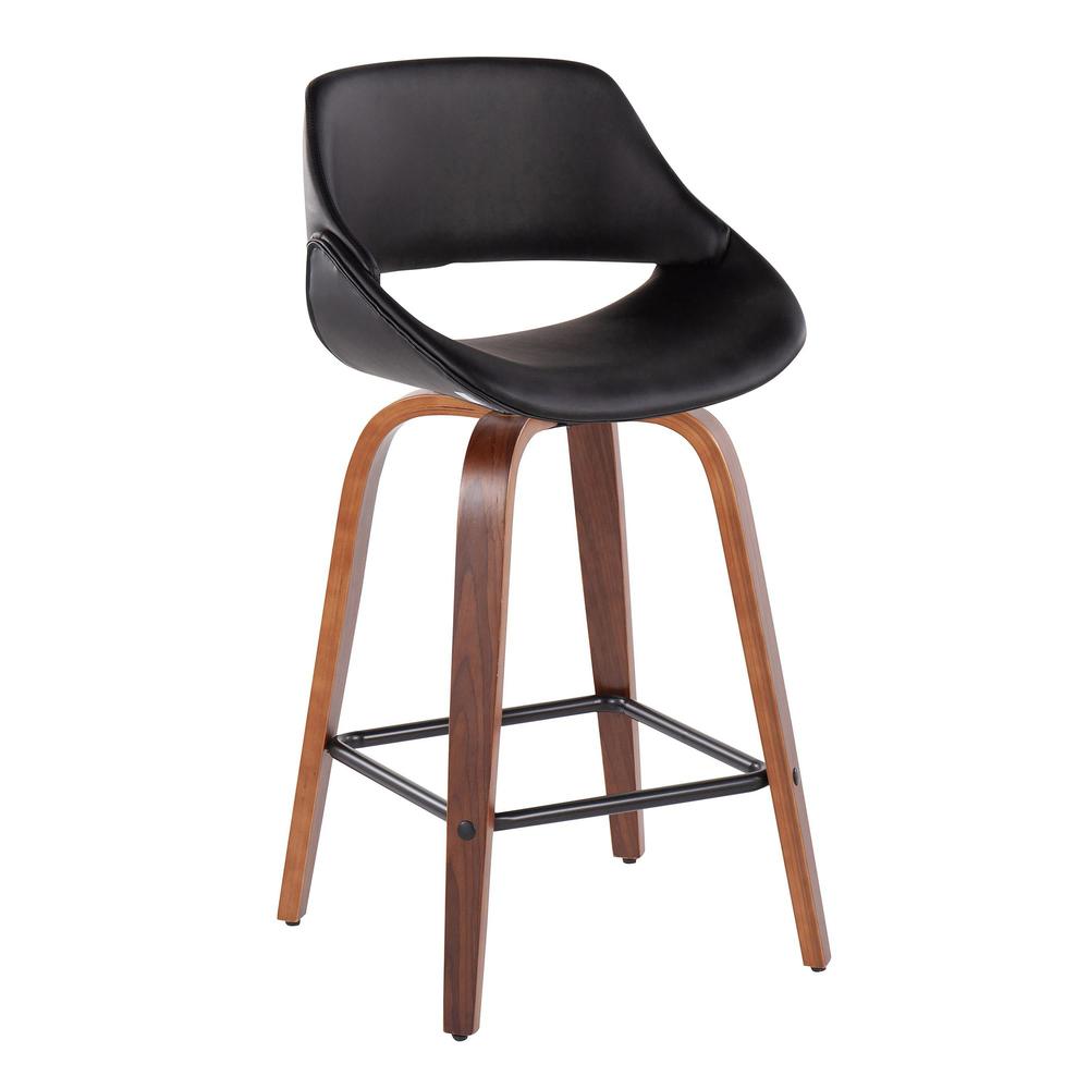Walnut Wood, Black PU, Black Steel Fabrico Fixed-Height Counter Stool - Set of 2