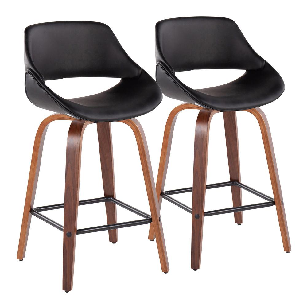 Walnut Wood, Black PU, Black Steel Fabrico Fixed-Height Counter Stool - Set of 2