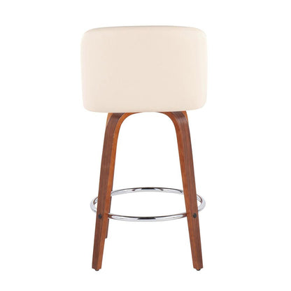 Walnut Wood, Cream PU, Chrome Toriano Fixed-Height Counter Stool - Set of 2