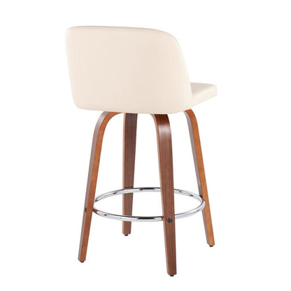 Walnut Wood, Cream PU, Chrome Toriano Fixed-Height Counter Stool - Set of 2