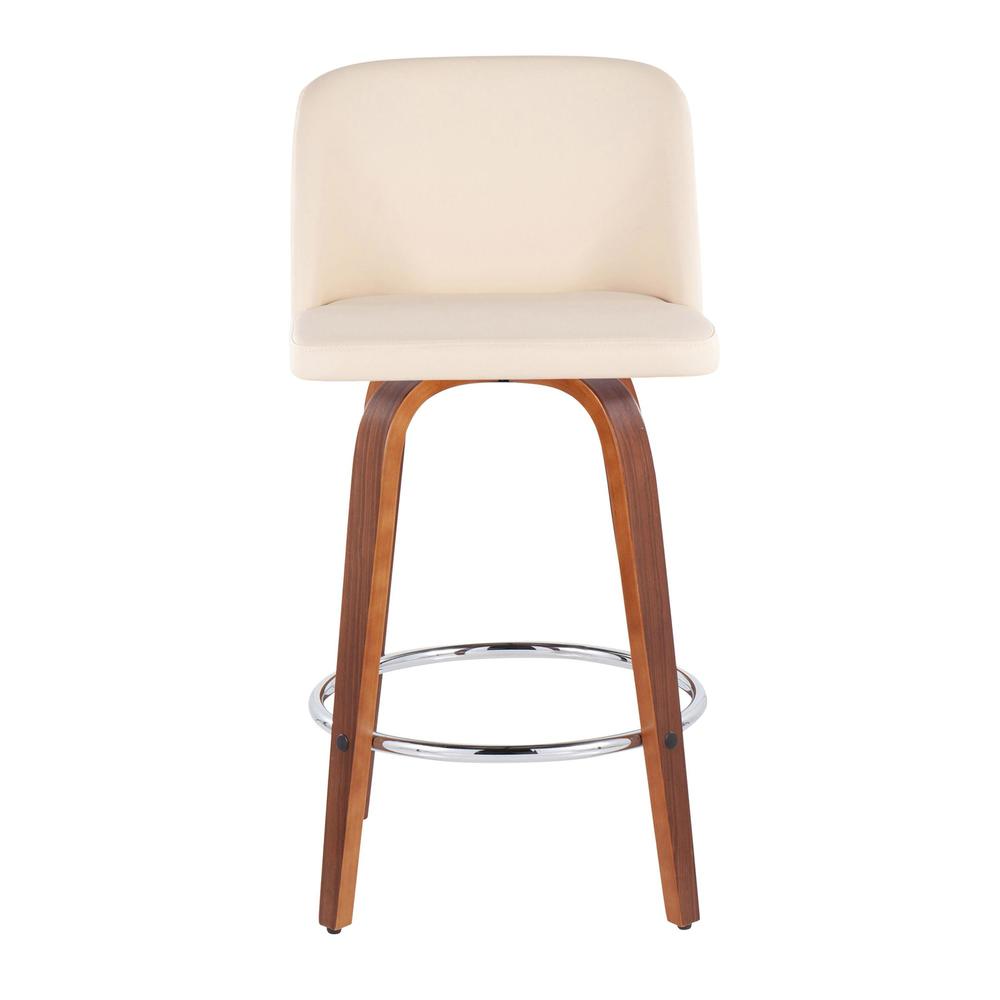 Walnut Wood, Cream PU, Chrome Toriano Fixed-Height Counter Stool - Set of 2