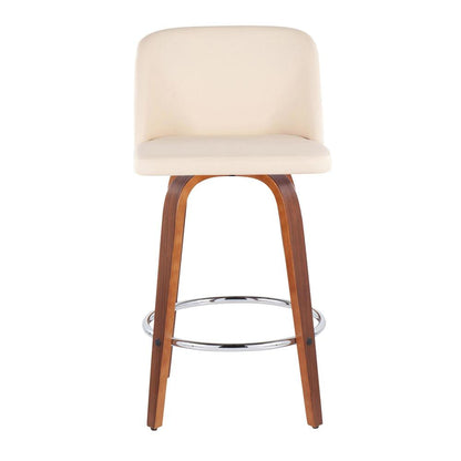 Walnut Wood, Cream PU, Chrome Toriano Fixed-Height Counter Stool - Set of 2