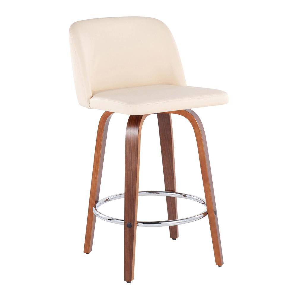 Walnut Wood, Cream PU, Chrome Toriano Fixed-Height Counter Stool - Set of 2