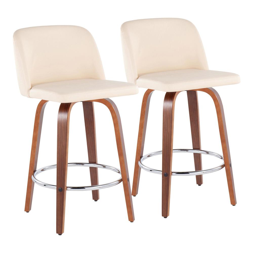 Walnut Wood, Cream PU, Chrome Toriano Fixed-Height Counter Stool - Set of 2
