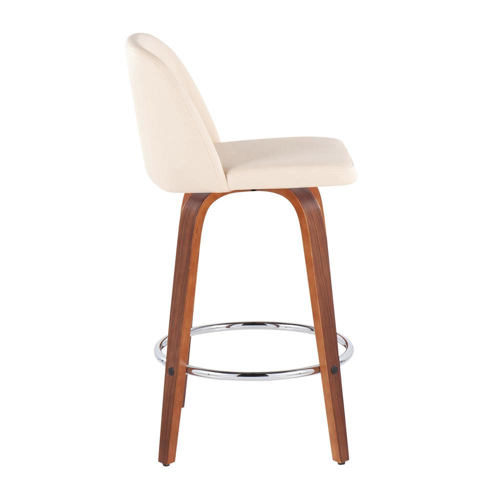 Walnut Wood, Cream PU, Chrome Toriano Fixed-Height Counter Stool - Set of 2