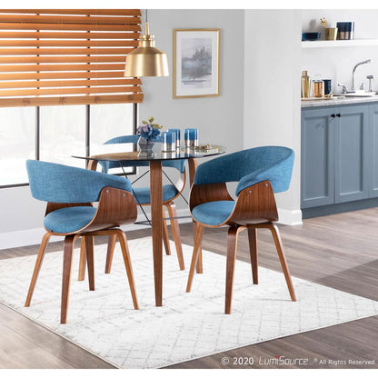 Walnut Wood, Blue Fabric Vintage Mod Chair - Set of 2