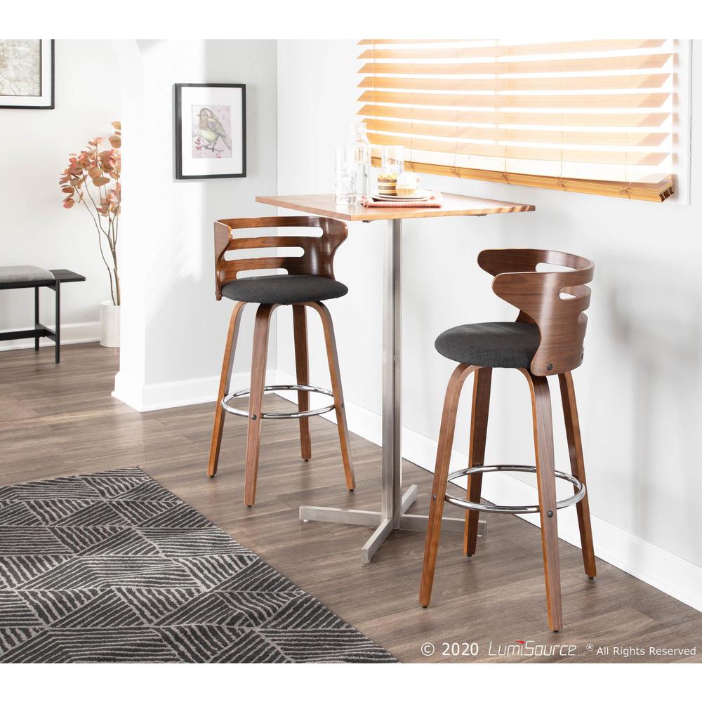 Walnut Wood, Charcoal Fabric, Chrome Cosini Barstool - Set of 2