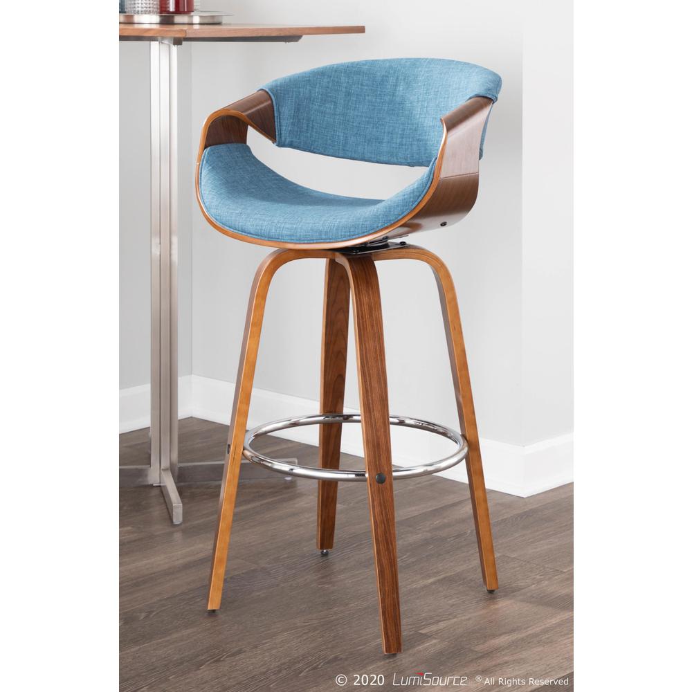 Walnut Wood, Blue Fabric, Chrome Curvini 30'' Barstool - Set of 2