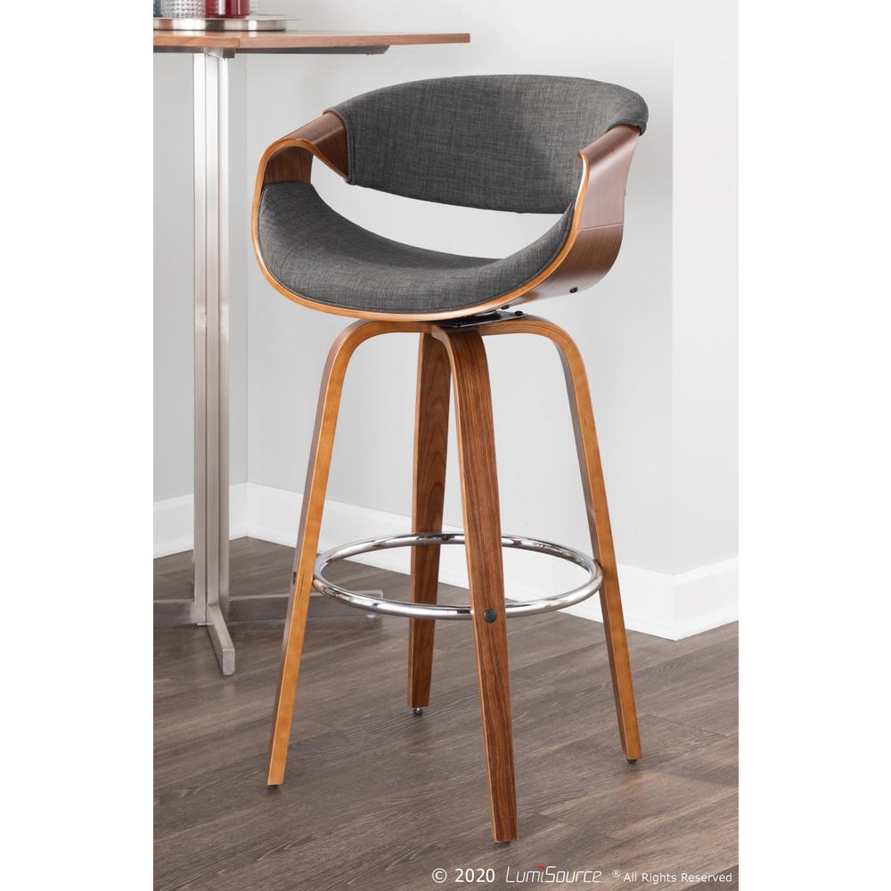 Walnut Wood, Charcoal Fabric, Chrome Curvini 30'' Barstool - Set of 2