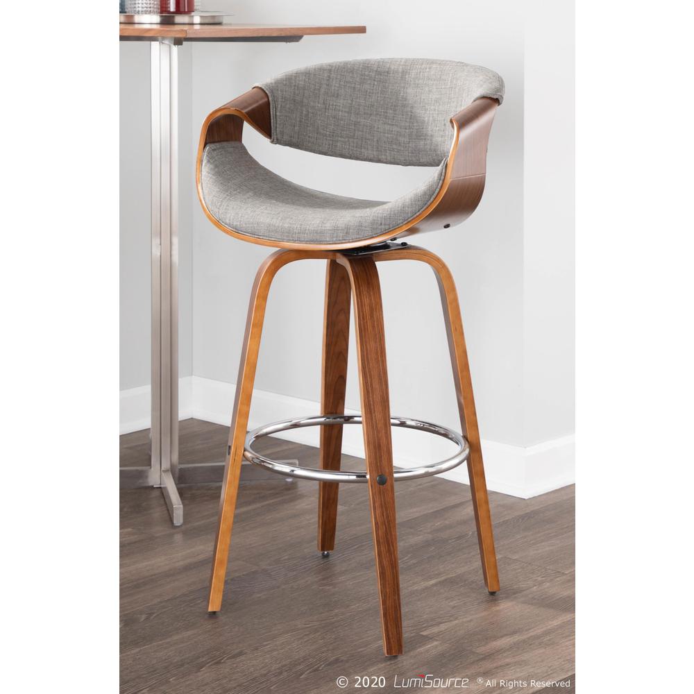 Walnut Wood, Grey Fabric, Chrome Curvini 30'' Fixed Height Barstool - Set of 2
