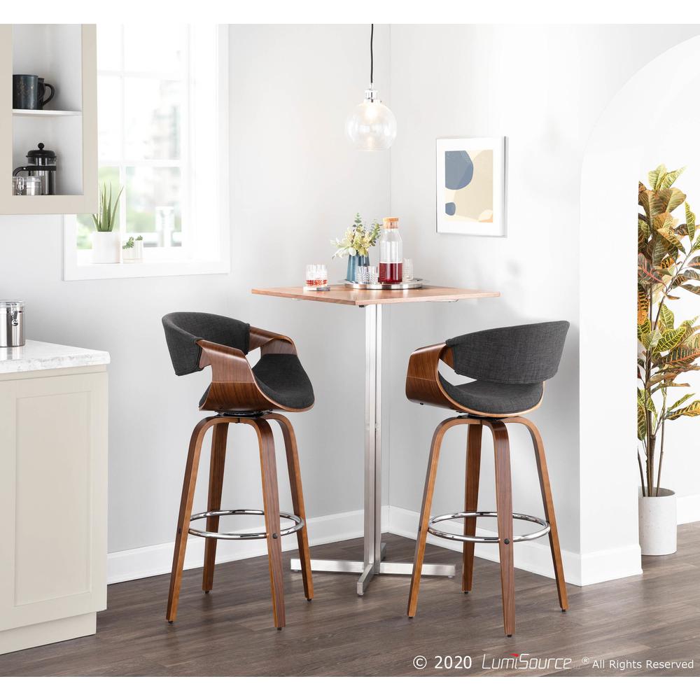 Walnut Wood, Charcoal Fabric, Chrome Curvini 30'' Barstool - Set of 2