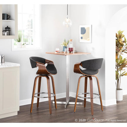 Walnut Wood, Charcoal Fabric, Chrome Curvini 30'' Barstool - Set of 2