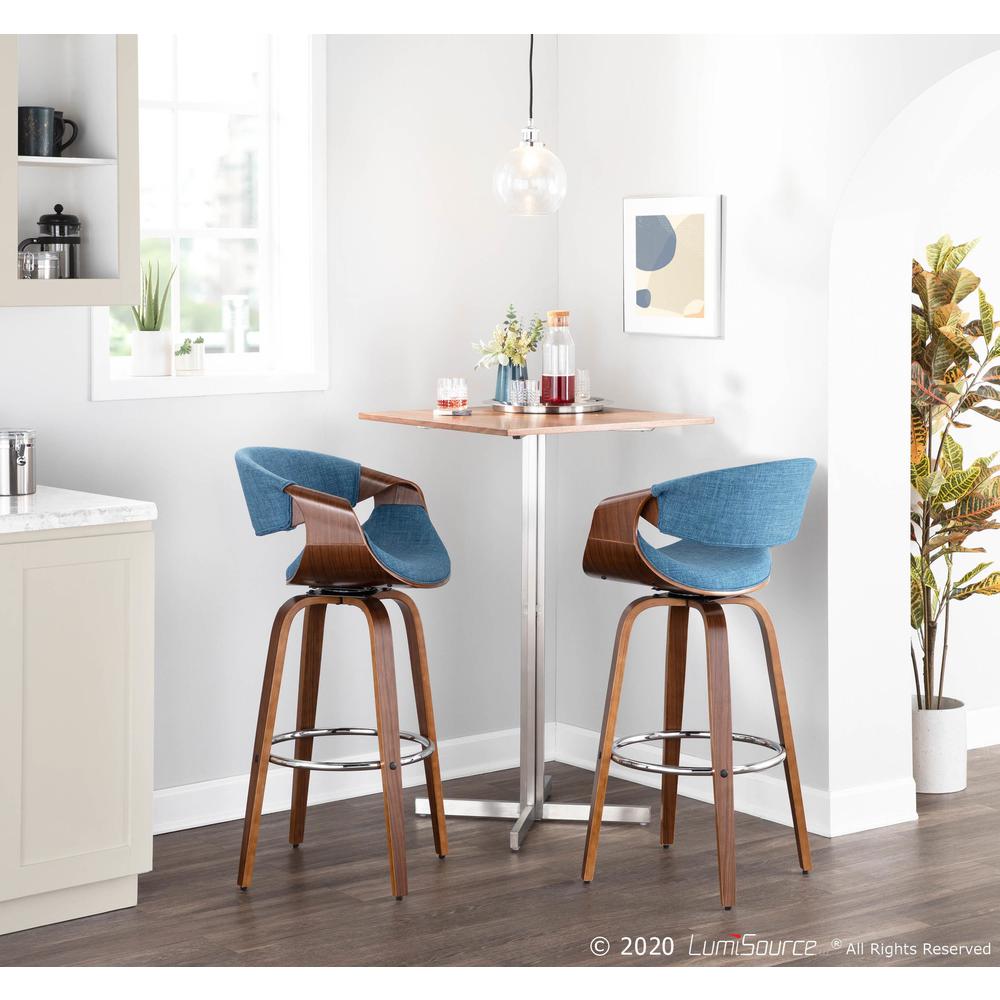 Walnut Wood, Blue Fabric, Chrome Curvini 30'' Barstool - Set of 2