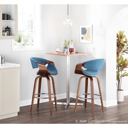 Walnut Wood, Blue Fabric, Chrome Curvini 30'' Barstool - Set of 2
