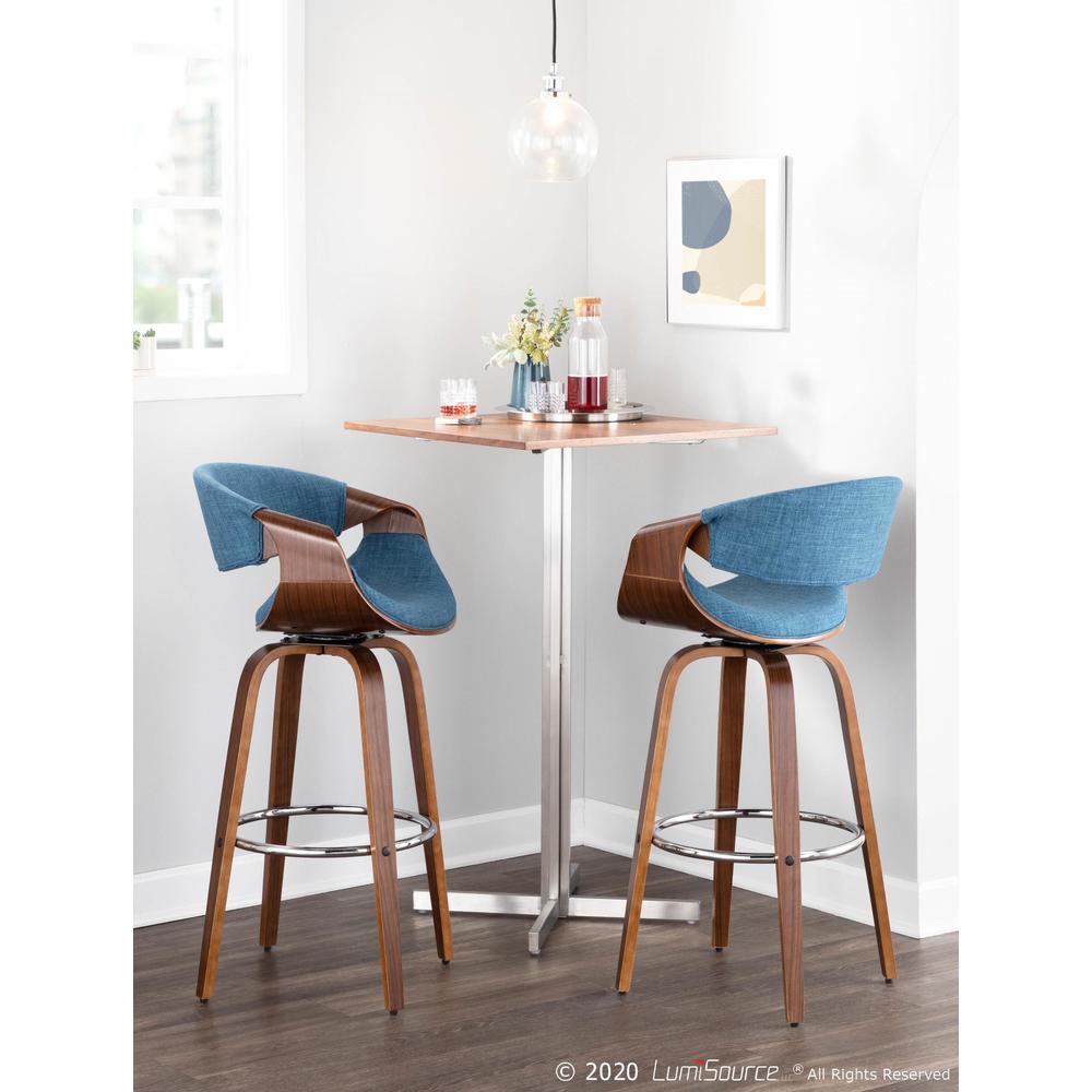 Walnut Wood, Blue Fabric, Chrome Curvini 30'' Barstool - Set of 2