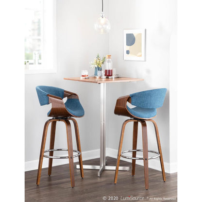Walnut Wood, Blue Fabric, Chrome Curvini 30'' Barstool - Set of 2
