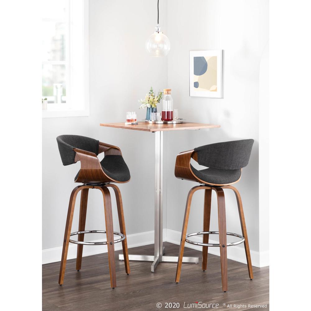 Walnut Wood, Charcoal Fabric, Chrome Curvini 30'' Barstool - Set of 2
