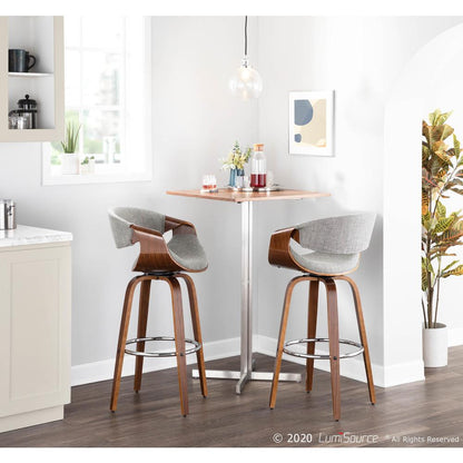 Walnut Wood, Grey Fabric, Chrome Curvini 30'' Fixed Height Barstool - Set of 2