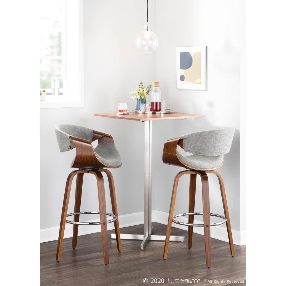 Walnut Wood, Grey Fabric, Chrome Curvini 30'' Fixed Height Barstool - Set of 2