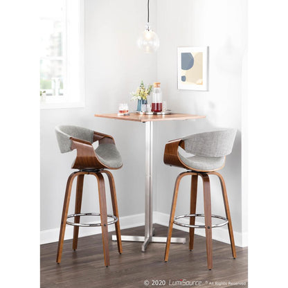 Walnut Wood, Grey Fabric, Chrome Curvini 30'' Fixed Height Barstool - Set of 2