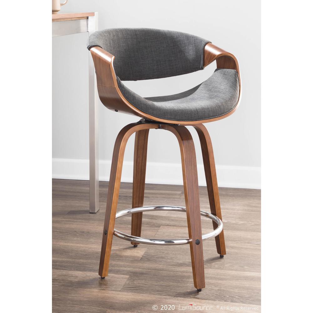Walnut Wood, Charcoal Fabric, Chrome Curvini 24'' Counter Stool - Set of 2