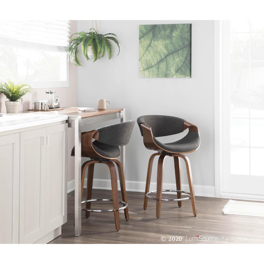 Walnut Wood, Charcoal Fabric, Chrome Curvini 24'' Counter Stool - Set of 2